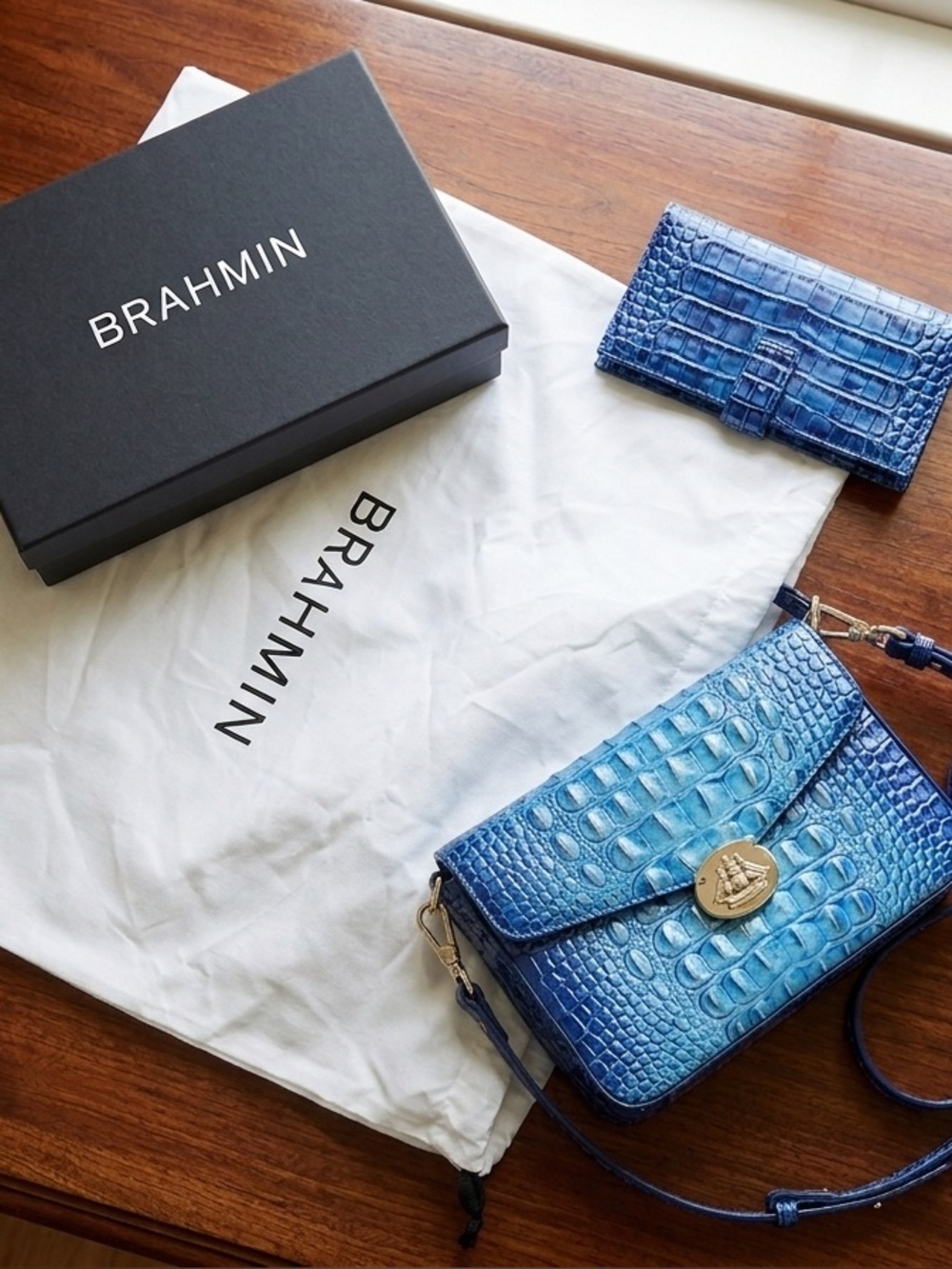Brahmin Deep Blue Croc-Embossed Crossbody with Gold Hardware INCLUDES wallet